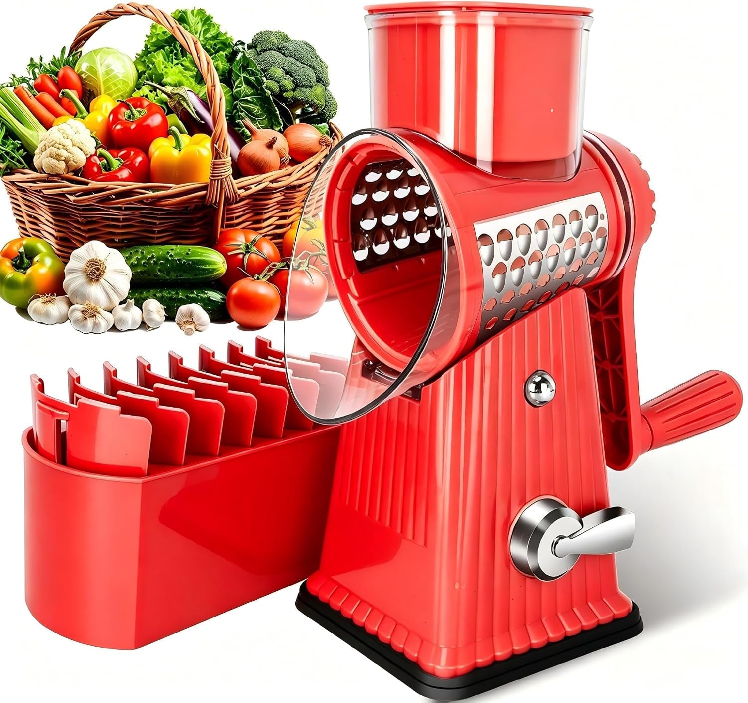 rotary-cheese-grater-with-5-well-designed-blades-strong-suction-base-kitchen-mandoline-vegetable-slicer-with-blade-storage-box-red