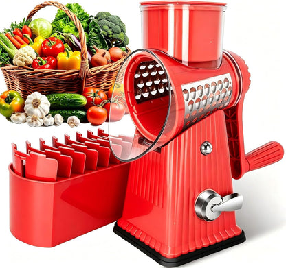 Rotary Cheese Grater with 5 Well-Designed Blades & Strong Suction Base, Kitchen Mandoline Vegetable Slicer with Blade Storage Box (RED)1