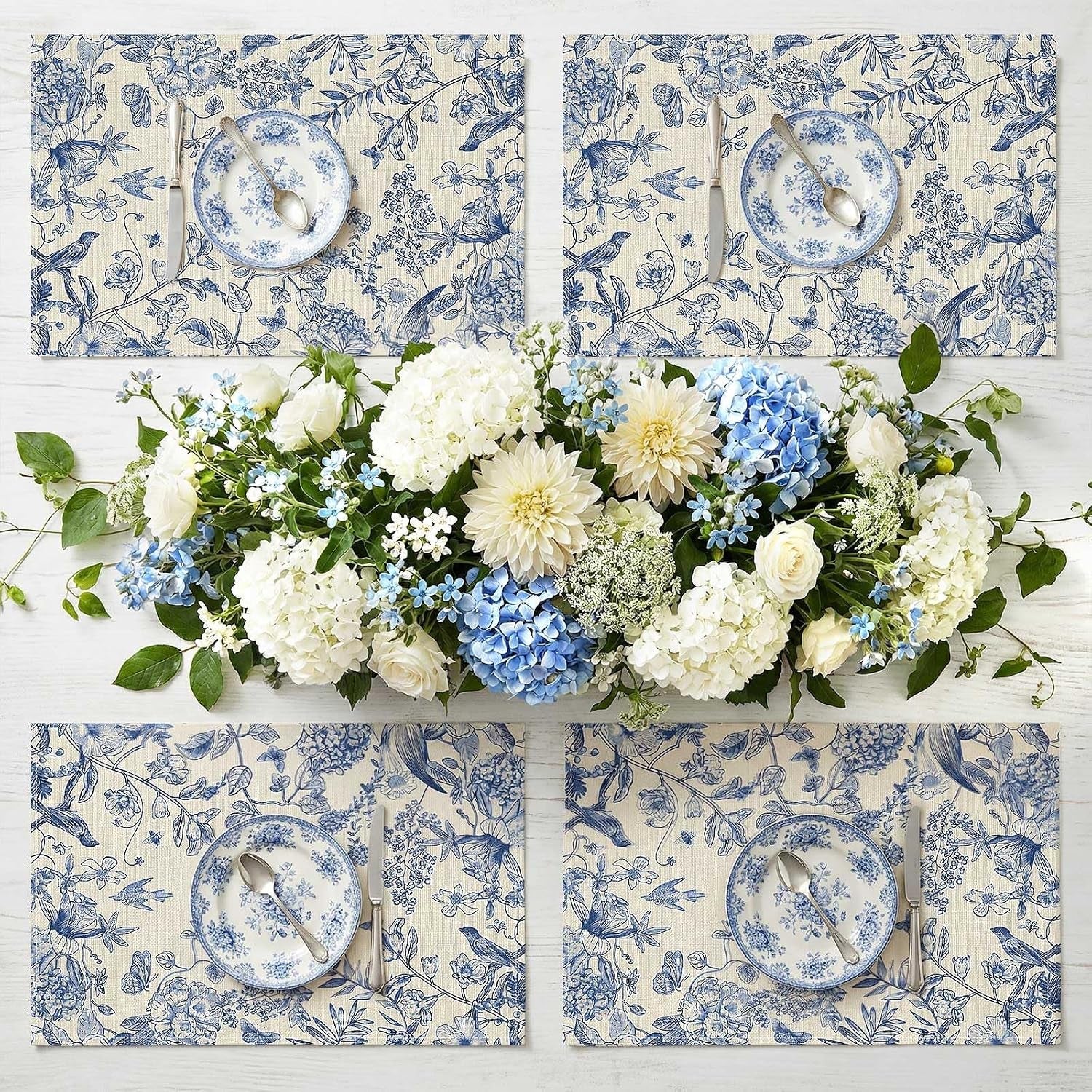 blue-floral-summer-table-runner-and-placemats-set-of-7-12-x-18-blue-and-white-chinoiserie-place-mats-13-x-72-flower-table-runner-for-holiday-baby-shower-party-kitchen-dining-decoration