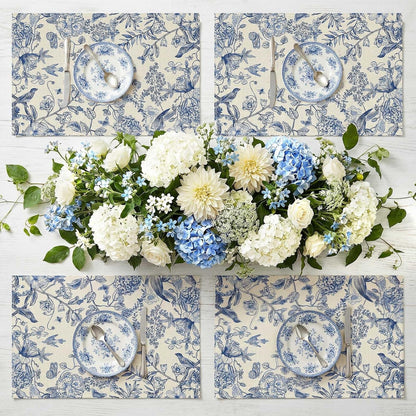 Blue Floral Summer Table Runner and Placemats Set of 7, 12" X 18" Blue and White Chinoiserie Place Mats 13" X 72" Flower Table Runner for Holiday Baby Shower Party Kitchen Dining Decoration5