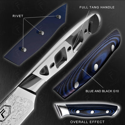 FANTECK Santoku Knife 5 Inch Damascus Japanese Steel Kitchen Knife,Vg10 67-Layer High Carbon Full Tang Best Chef Santoku Knives for Pro Chef&Restaurant, Blue G10 Handle,Gift Box&Sheath7