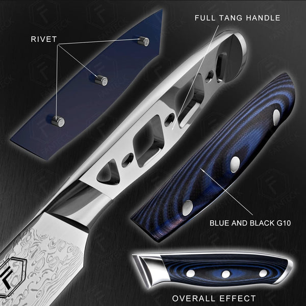 FANTECK Santoku Knife 5 Inch Damascus Japanese Steel Kitchen Knife,Vg10 67-Layer High Carbon Full Tang Best Chef Santoku Knives for Pro Chef&Restaurant, Blue G10 Handle,Gift Box&Sheath7