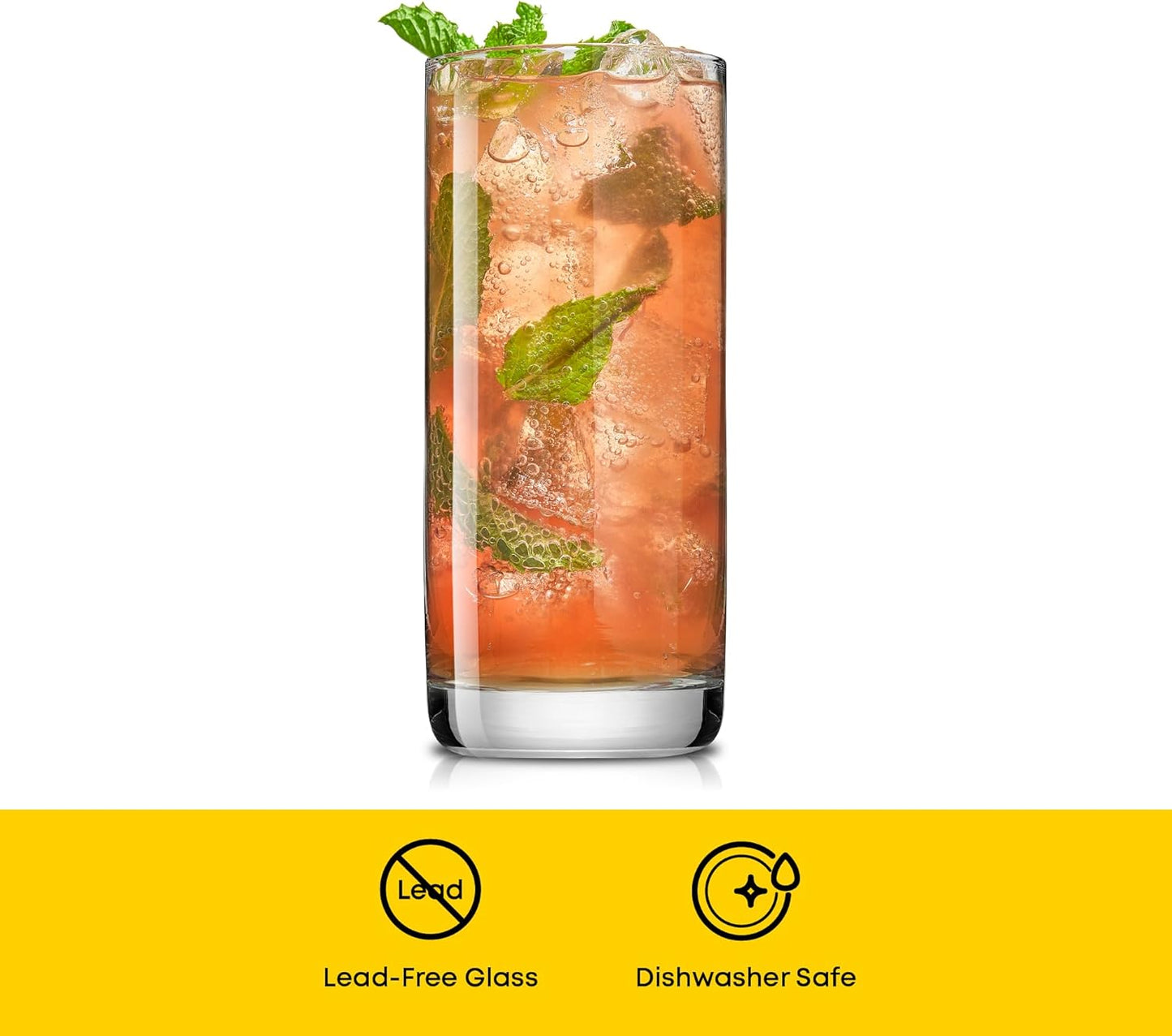 13oz tall drinking glasses filled with water and ice cubes for everyday use.