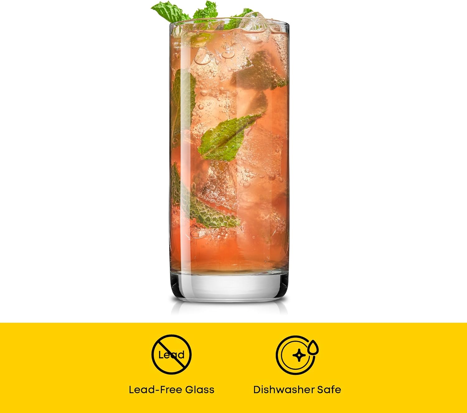 13oz tall drinking glasses filled with water and ice cubes for everyday use.