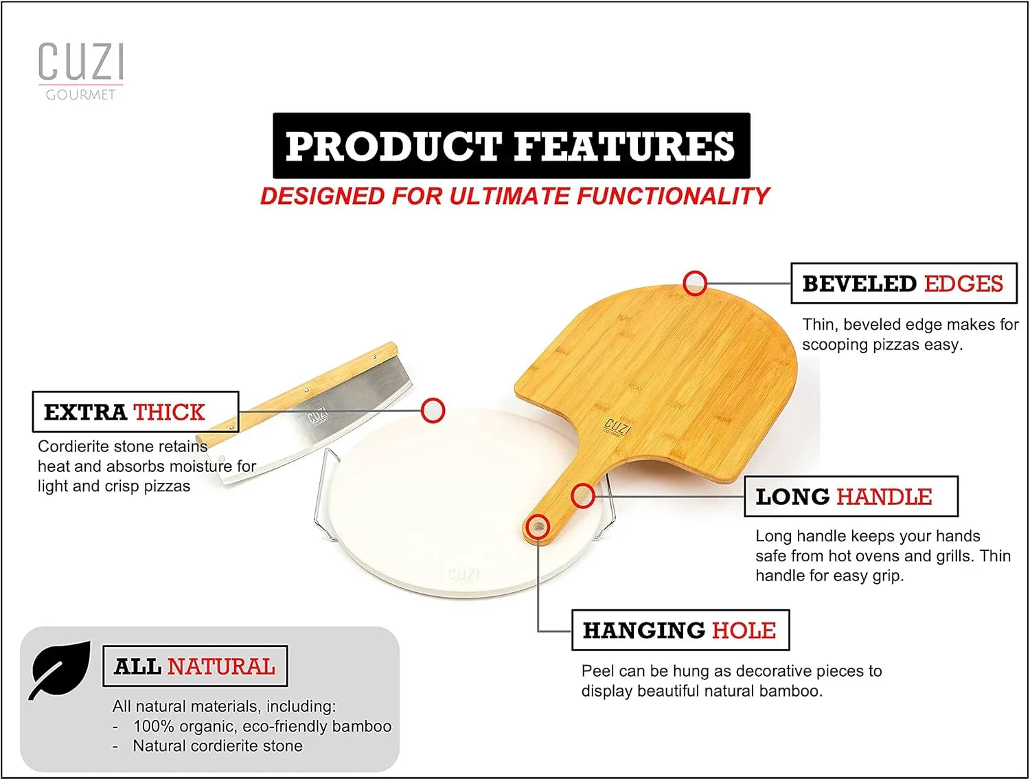 14-inch pizza on extra thick cordierite stone with bamboo peel and long handle, fresh out of oven