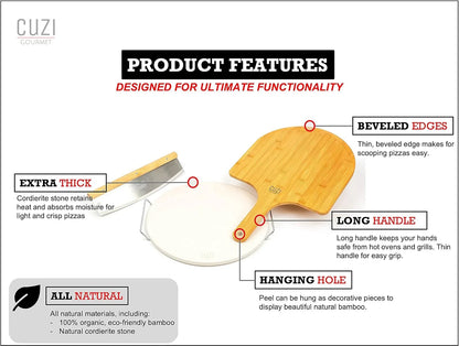 14-inch pizza on extra thick cordierite stone with bamboo peel and long handle, fresh out of oven