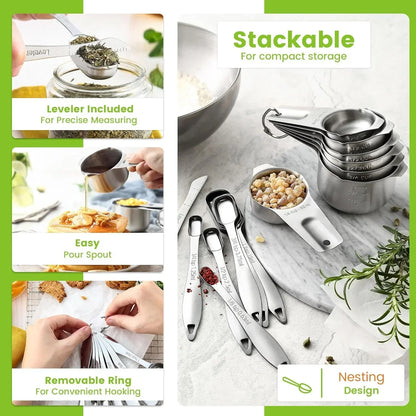 14-piece stainless steel measuring cups and spoons set with leveler, stackable and nesting design