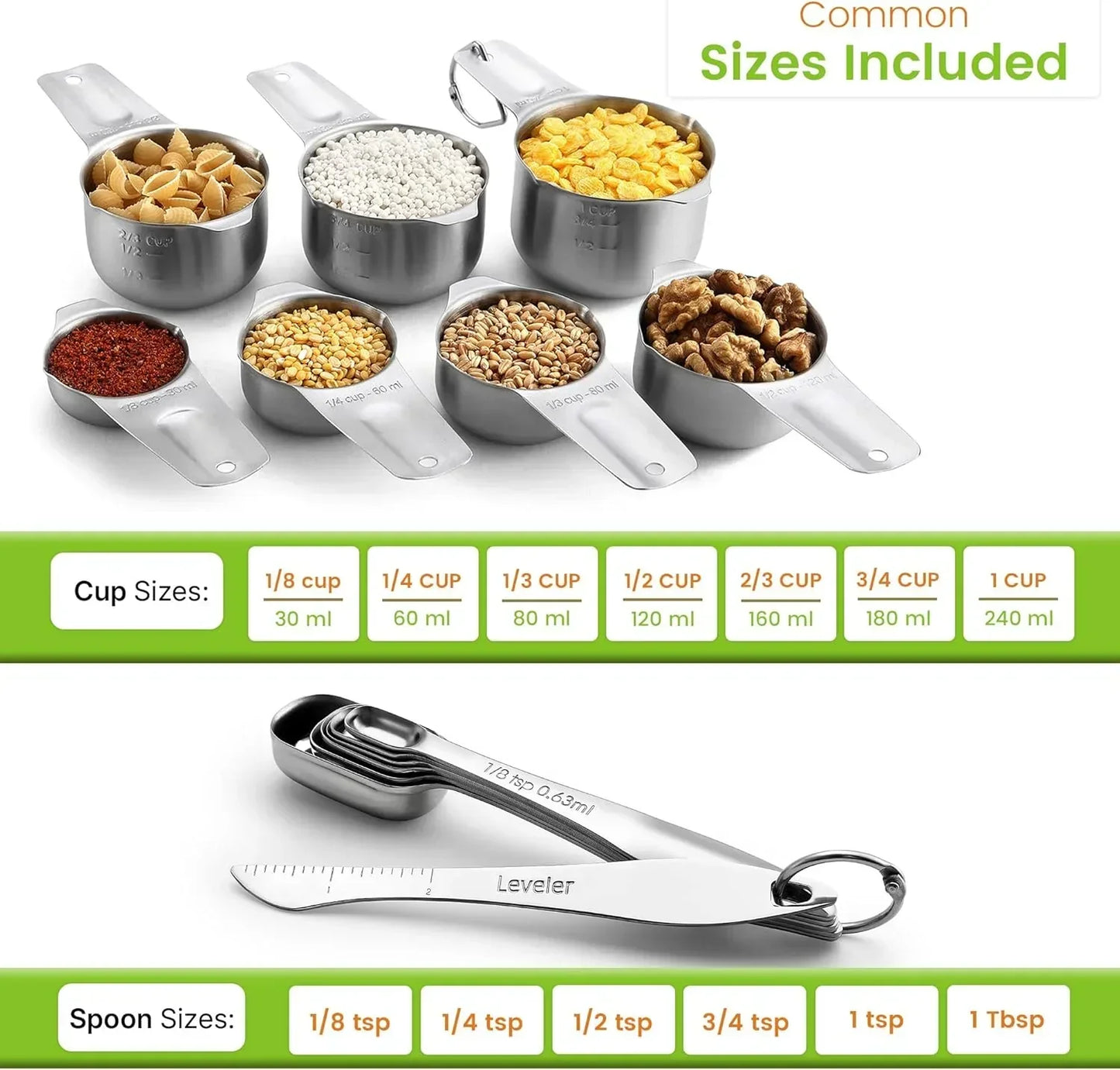 14-piece stainless steel measuring cups and spoons set with leveler, various sizes included