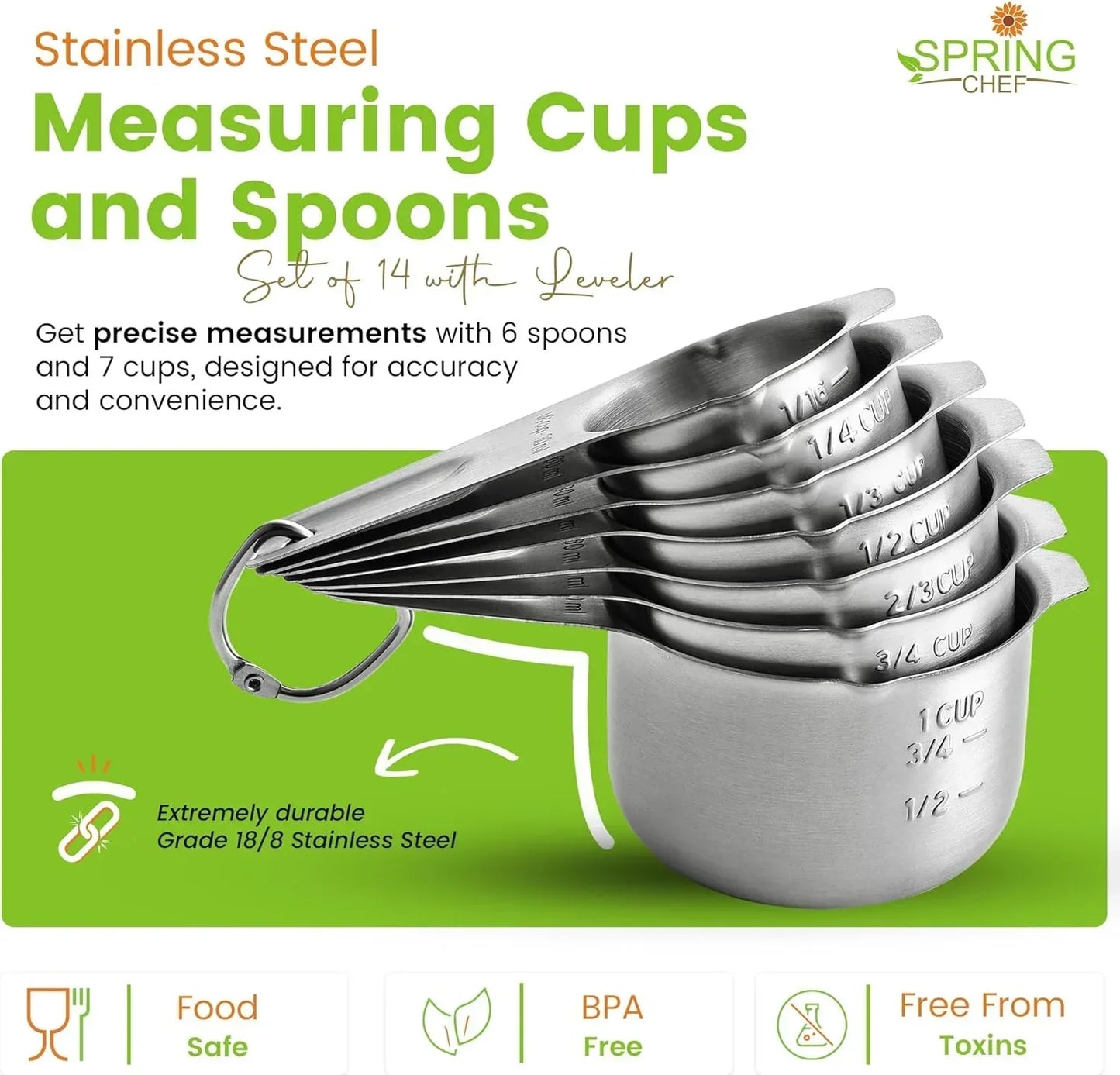 14-piece stainless steel measuring cups and spoons set with leveler, food safe and BPA free