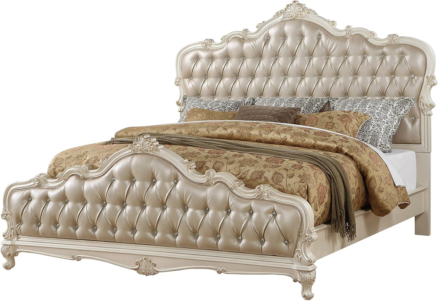 east-king-bed-rose-gold-pu-upholstery-button-tufted-headboard-footboard-4-wood-slats-support-box-spring-required-easy-assembly-pearl-white-finish