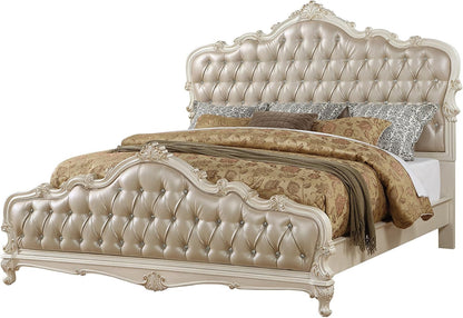 East King Bed Rose Gold PU Upholstery Button Tufted Headboard & Footboard, 4 Wood Slats Support & Box Spring Required, Easy Assembly, Pearl White Finish1