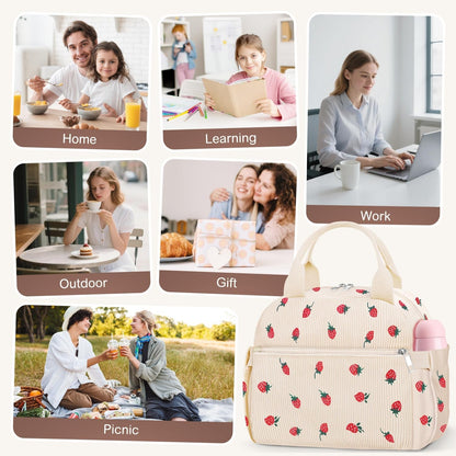 Lunch Box for Women, Cute Strawberry Corduroy Insulated Lunch Bag Women Reusable Work Leakproof Simple Adults Large Lunch Boxes Tote Bag Men Cooler Bag6