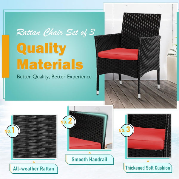 Set of 3 Outdoor Furniture Set Heavy Duty Patio Furniture Set Sturdy Conversation Set with 2 Rattan Chairs Glass Top Coffee Table Seat Cushions for Coffee Bar Poolside Patio Outdoor, Red2