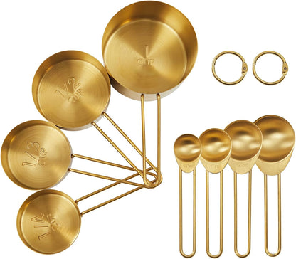 Golden 304 Stainless Steel Measuring Cups and Spoons Set,8Pcs Stackable & Long Handle Fits Narrow Jars, Premium Gold Kitchen Accessories for Liquid & Dry Ingredients Baking Cooking, Durable&Rust-Proof1
