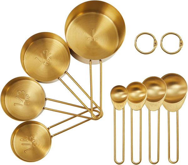 Golden 304 Stainless Steel Measuring Cups and Spoons Set,8Pcs Stackable & Long Handle Fits Narrow Jars, Premium Gold Kitchen Accessories for Liquid & Dry Ingredients Baking Cooking, Durable&Rust-Proof1