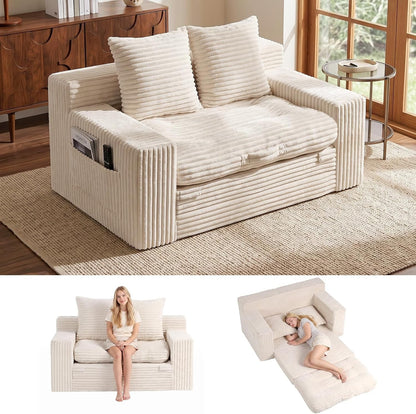 Boneless Couch, 4-In-1 Convertible Sofa Bed, Boneless Loveseat Sleeper, Pull Out Couch with Removable Top Cushion, Pull Handle & Side Pocket, Corduroy Futon for Bedroom, Living Room & Small Spaces1