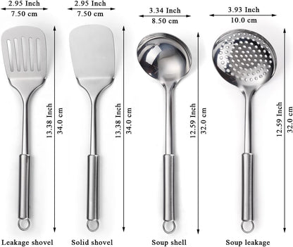Stainless Steel Cooking Utensils Set 4 Pieces, Kitchen Tools Set Include Metal Spatula Set, Kitchen Skimmer, Soup Ladle, Kitchen Gadgets Essentials New Home Must Have3