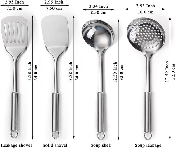 Stainless Steel Cooking Utensils Set 4 Pieces, Kitchen Tools Set Include Metal Spatula Set, Kitchen Skimmer, Soup Ladle, Kitchen Gadgets Essentials New Home Must Have3