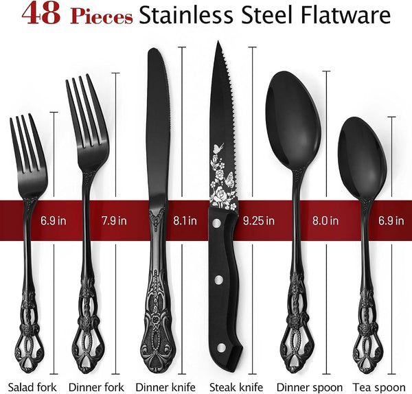 Black Silverware Set for 8,  48 PCS Retro Royal Silverware Flatware Set with Black Spoons Forks Knives Set, Mirror Polished Stainless Steel Vintage Utensils Set, Dishwasher Safe2