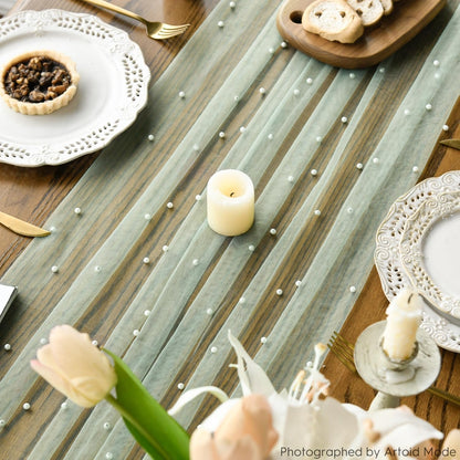 3PCS Pearl Grass Green Gauze Table Runner 120 Inch 10FT, Seasonal Sheer Dining Holiday Wedding Birthday Baby Shower Table Decor for Home Party4