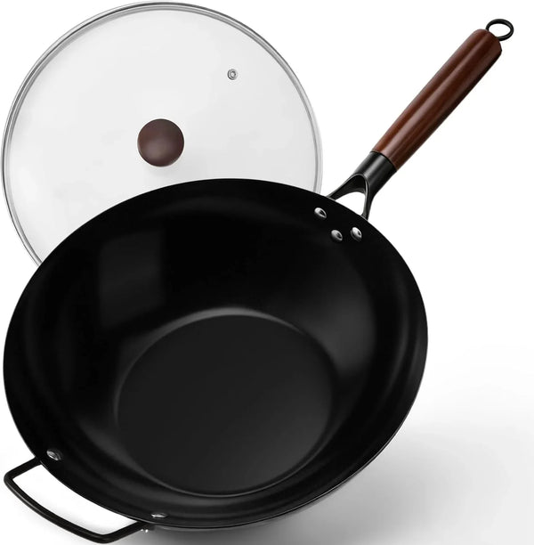 13-Inch Carbon Steel Wok Pan with Glass Lid Pre-Seasoned Flat Bottom Woks & Stir-Fry Pans Nonstick with Wooden and Steel Helper Handle Compatible with Induction, Gas, Electric, Open Fire1