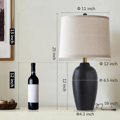 25" Retro Vintage Ceramic Table Lamp for Living Room Bedroom | Farmhouse Rustic Black Bedside Lamp with Natural Textured Finish, Nightstand Lamps for End Table, Bulb Included2