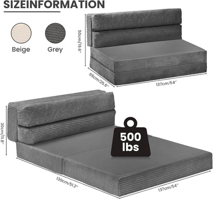 Folding Sofa Bed, Convertible Sleeper Chair with Pilow Foldable Matress, 2 in 1 Pull Out Loveseat Sofa Portable Fold Out Chair Bed Floor Couch Lounge for Living Room Bedroom (Grey, Full)2