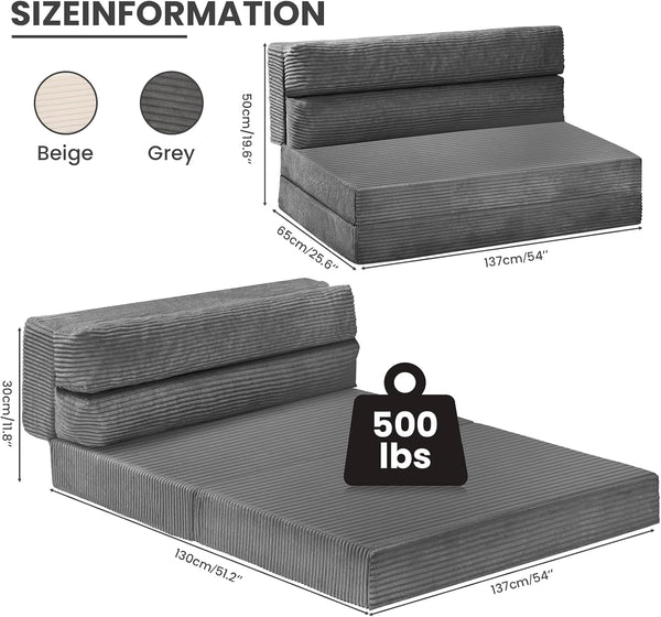 Folding Sofa Bed, Convertible Sleeper Chair with Pilow Foldable Matress, 2 in 1 Pull Out Loveseat Sofa Portable Fold Out Chair Bed Floor Couch Lounge for Living Room Bedroom (Grey, Full)2