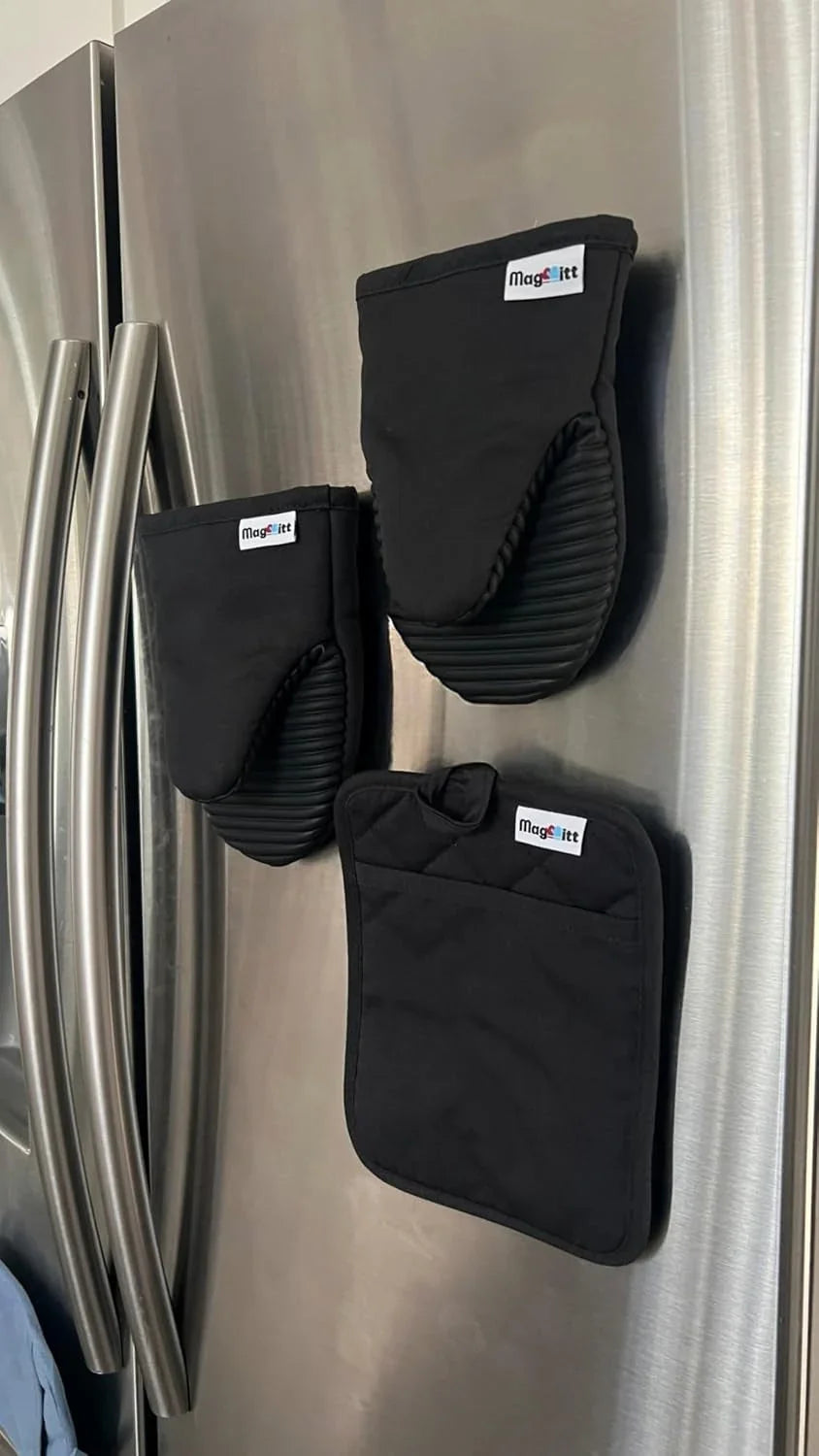 magnetic-oven-mitts-pot-holder-3-pc-set-high-heat-silicone-black-heat-resistant-to-500f-2-mini-mitts-1-hot-pad-magnetic-storage-non-slip-grip-100-machine-washable-premium-cotton