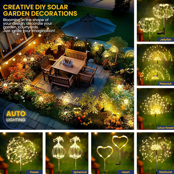 2 Pack Solar Firework Lights Outdoor, Garden Decor, Warm White2