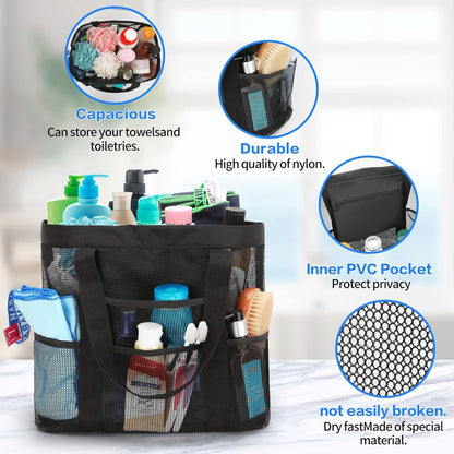 Large Mesh Bathroom Shower Caddy, Mesh Beach Pool Bag, Portable Toiletry Tote Bag for College Dorm Bathroom Gym Swimming (Black)4