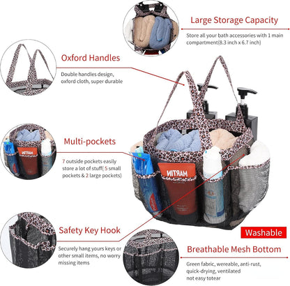 2 Pack Haundry Mesh Shower Caddy Tote Bag Hanging Portable Toiletry Bag College Dorm Essentials Quick Dry Bath Organizer for College Dorms, Gym, Camp for Bathroom Accessories(Leopard Print)3