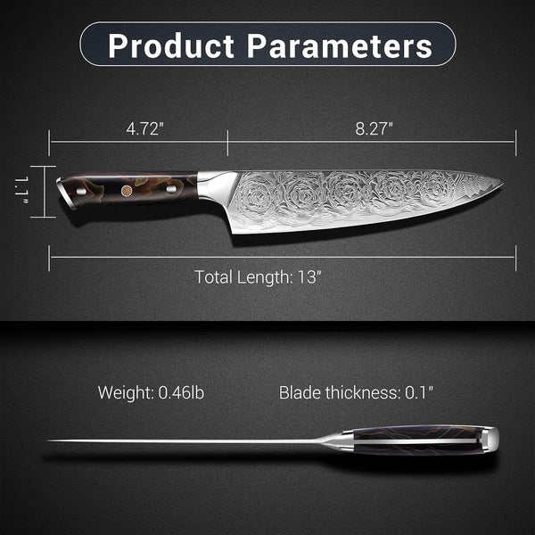 Professional Japanese Damascus Chef Knife 8 Inch - VG-10 High Carbon Steel, Ergonomic Resin Handle with Leather Sheath & Luxury Gift Box3