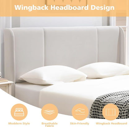 Queen Lift up Storage Bed Frame, Velvet-Look Upholstered Bed with Modern Wingback Headboard, Gas Lift Storage, Wood Slat Support, No Box Spring Needed, White7