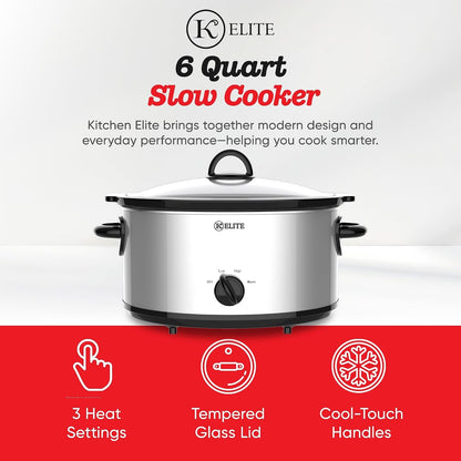 6 Quart Slow Cooker for Large Families, Stainless Steel Crock Pot with 3 Heat Settings, Dishwasher-Safe Ceramic Pot & Tempered Glass Lid2