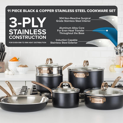Viking 3 Ply Pots and Pans Set, 11 Piece Stainless Steel Kitchen Cookware with Glass Lids, Black with Copper2