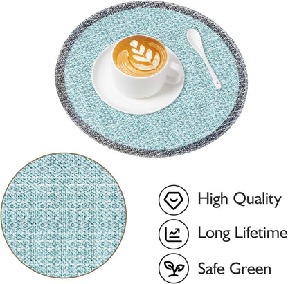 Blue Grey Ethnic Boho round Placemats Set of 4, 15 Inch Linen Burlap Washable Durable Art Table Mats for Holiday Party Kitchen Dining Room Decoration2