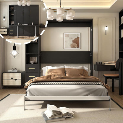 Black Queen Murphy Bed with Desk, 1 Storage Cabinet, 3 Drawers1