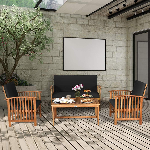 Outdoor 4 PCS Acacia Wood Sofa Set W/Water Resistant Cushions, Padded Patio Seating Chat Set W/Coffee Table for Garden, Backyard, Poolside (1, Black)3