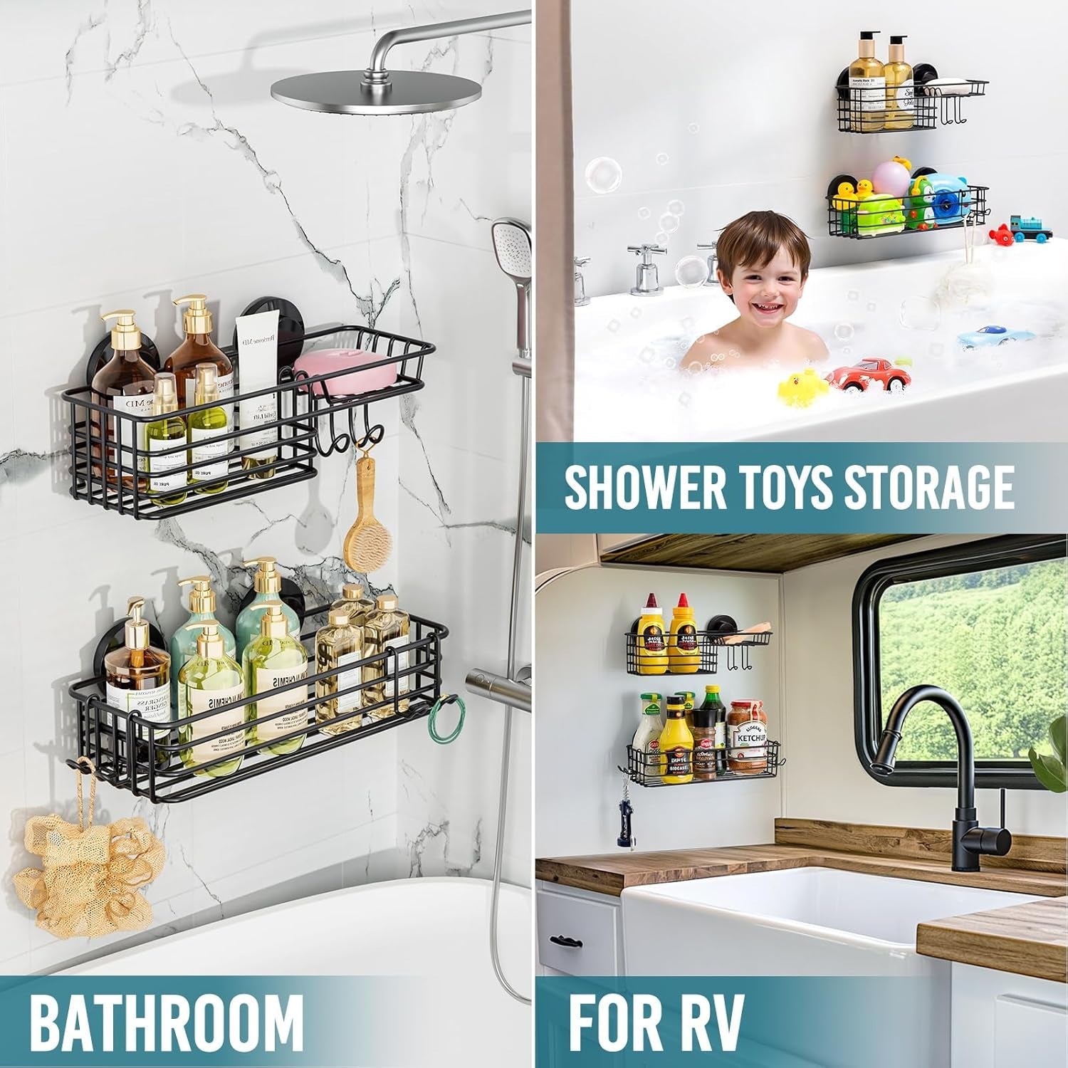 shower-caddy-suction-cup-2-pack-with-hooks-soap-holder-black