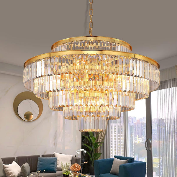 31" Gold Crystal Chandelier, Modern 6-Tier Ceiling Light with Clear Crystal Prisms, Luxury Pendant Lighting for Dining Room Living Room Entryway1