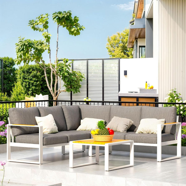 Aluminum Patio Furniture Set, All-Weather Outdoor Couch Sectional, L Shaped Patio Conversation Sets, Metal Corner Sofa with Teak Coffee Table(Cushion: Dark Gray, White Frame)1