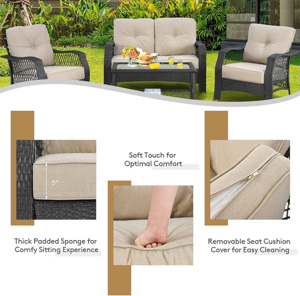 4 Pieces Outdoor Patio Furniture Set, Patiojoy PE Wicker Conversation Sofa Set with Tempered Glass Coffee Table, Sectional Rattan Patio Sofa Set for Garden, Backyard, Poolside (Beige)7