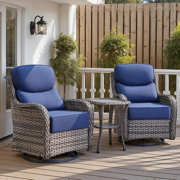 Luxury 6" Thick Cushioned Outdoor Swivel Rocker Patio Chairs with Side Table, High Back Furniture Set with Ergonomic Zone Back, Wicker Conversation Glider Set for Deck Porch - Grey+Blue1