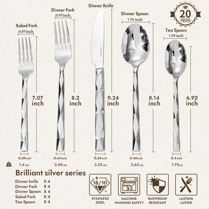 20 Piece 18/10 Silverware Set, Stainless Steel Flatware Cutlery Set for 42
