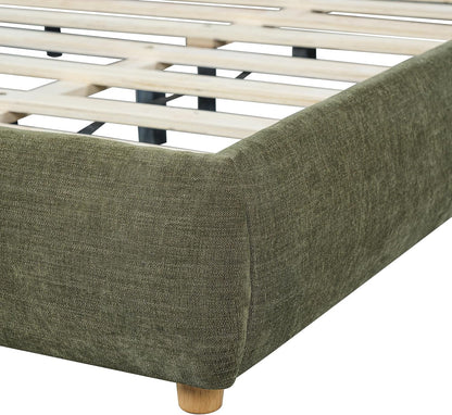 California King Linen Blend Platform Bed with 2 Pillows, Olive Green4