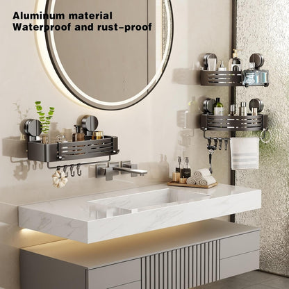 Shower Caddy Suction Shower Shelf No Drilling Shower Organizer Suction Cup Shower Storage Rack Aluminum Wall Mounted Shampoo Holder with Towel Bar Hooks (2-Pack, Matte Gray)3