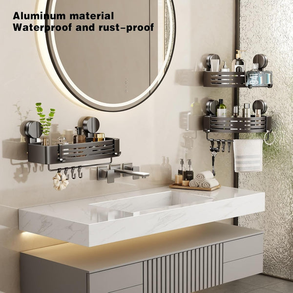 Shower Caddy Suction Shower Shelf No Drilling Shower Organizer Suction Cup Shower Storage Rack Aluminum Wall Mounted Shampoo Holder with Towel Bar Hooks (2-Pack, Matte Gray)3