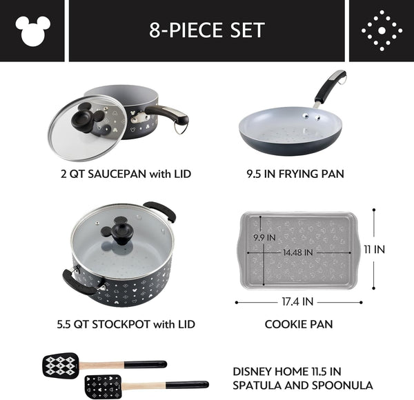 Disney Monochrome Ceramic Nonstick Cookware Pots and Pans with Baking/Bakeware Cookie Pan and Kitchen Cooking Tool Set, Dishwasher Safe, 8 Piece Cookware Set - Black4