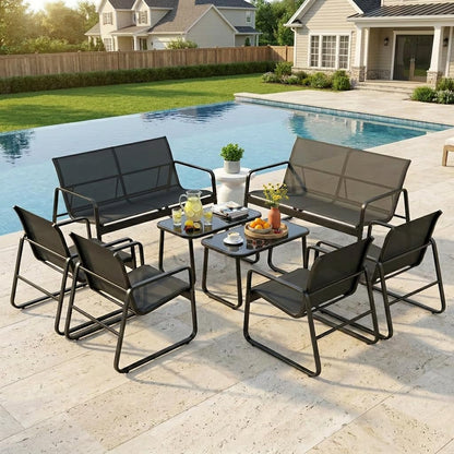 8 Pieces Outdoor Patio Furniture Set, 2 Bench Loveseat + 4 Single Armchairs + 2 Tempered Glass Coffee Tables, Metal Frame Patio Conversation Set for Backyard Poolside Porch, Black5